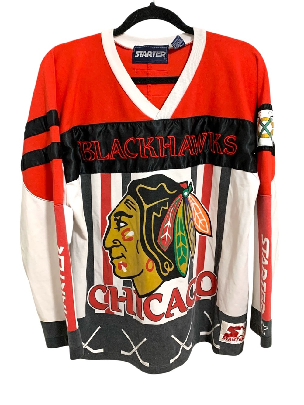 Vintage STARTER Chicago Blackhawks NHL AOP Long Sleeve Shirt Size Large 90’s